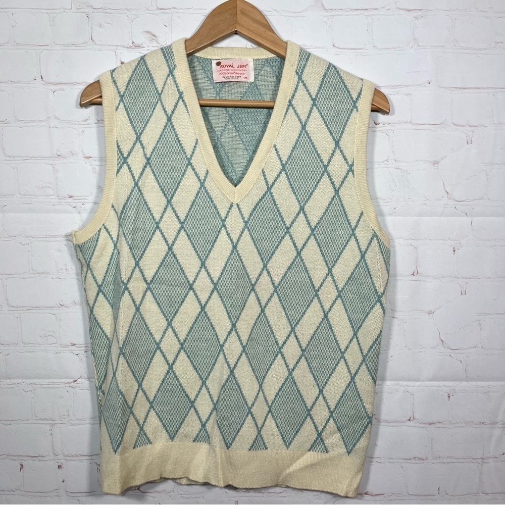 Vintage Lord Jeff Argyle Sweater Vest Mens Medium Beige Blue Made In USA